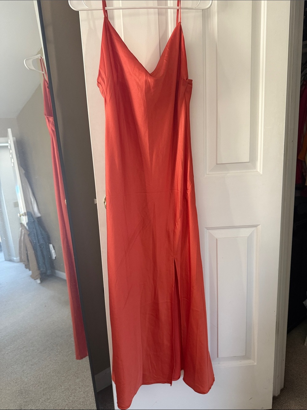 Red Satin Slip Midi Dress with Spaghetti Straps